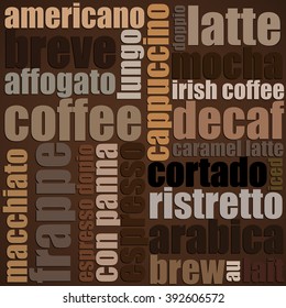 Coffee, modern, text background pattern. Vector art.