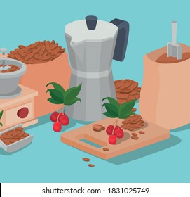 coffee moka pot bag grinder beans berries and leaves design of drink caffeine breakfast and beverage theme Vector illustration