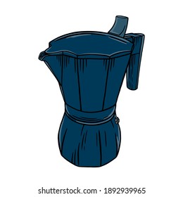 Coffee moka pot engraved illustration. Coffee brew pot isolated in white background. Sketch vector illustration