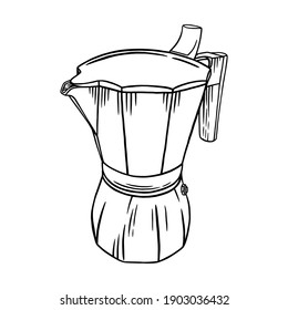 Coffee moka pot engraved illustration. Coffee brew pot isolated in white background. Black and white sketch vector illustration