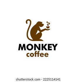 coffee monkey logo. Monkey with a cup of coffee Logo or badge for coffee shops and cafe. monkey hold mug coffee drink logo vector icon illustration