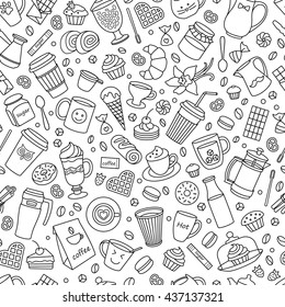 Coffee monochrome seamless pattern. Line. Many object. Isolated elements . Food and drinks. Hand drawn. Cups and sweet desserts. Scribble cartoon. coffee house, cafe, fast food, kitchen, confectionery