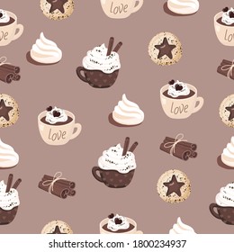 Coffee mood: coffee with cream, beige Cup, brown Cup, coffee beans, cinnamon, round cookies with chocolate, meringues. Seamless pattern, vector, brown background.