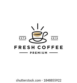 Coffee Morning Line Logo With Mug Or Cup. Vintage Hipster Logo Icon Design For Cafe , Restaurant Cafeteria Illustration