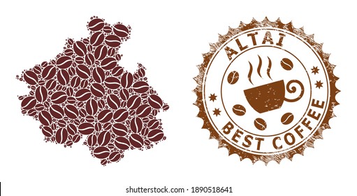 Coffee mosaic map of Altai Republic and corroded stamp. Vector map of Altai Republic collage is designed of coffee grains. Round rosette stamp in brown colors.