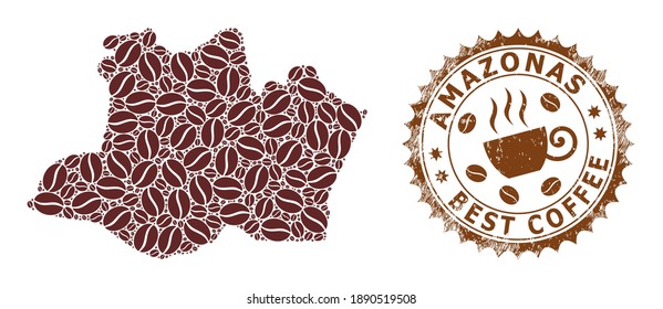 Coffee mosaic map of Amazonas State and scratched stamp seal. Vector map of Amazonas State collage is composed with coffee grains. Round rosette stamp in brown colors.