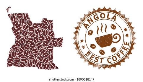 Coffee mosaic map of Angola and grunge stamp. Vector map of Angola collage is formed with coffee beans. Round rosette stamp in brown colors. Abstract composition for best coffee delivery marks.