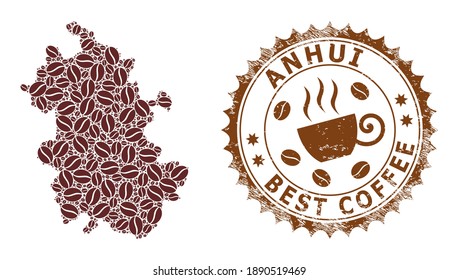 Coffee mosaic map of Anhui Province and unclean stamp seal. Vector map of Anhui Province collage is created from coffee beans. Round rosette stamp in brown colors.