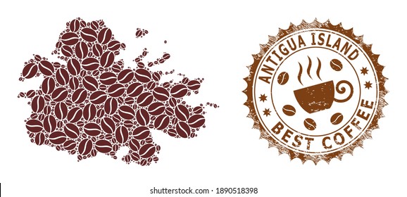 Coffee mosaic map of Antigua Island and grunge seal. Vector map of Antigua Island collage is formed of coffee seeds. Round rosette stamp in brown colors.