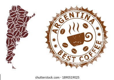 Coffee mosaic map of Argentina and rubber stamp seal. Vector map of Argentina collage is designed from coffee grains. Round rosette stamp in brown colors.