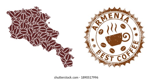 Mapa de mosaico de café de Armenia y sello corroido. El mapa vectorial del collage de Armenia está compuesto de granos de café. Sello rosetón redondo de colores marrones.