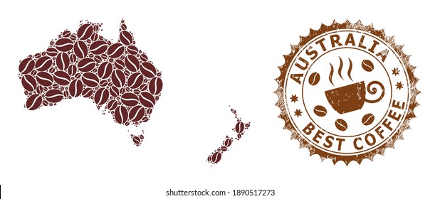 Coffee mosaic map of Australia and New Zealand and corroded stamp. Vector map of Australia and New Zealand collage is composed from cocoa. Round rosette stamp in brown colors.