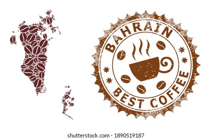 Coffee mosaic map of Bahrain and corroded stamp. Vector map of Bahrain collage is created with chocolate beans. Round rosette stamp in brown colors.