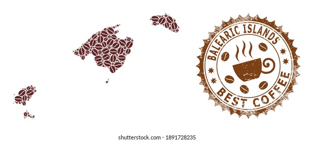 Coffee mosaic map of Balearic Islands and corroded seal. Vector map of Balearic Islands collage is composed from coffee seeds. Round rosette stamp in brown colors.