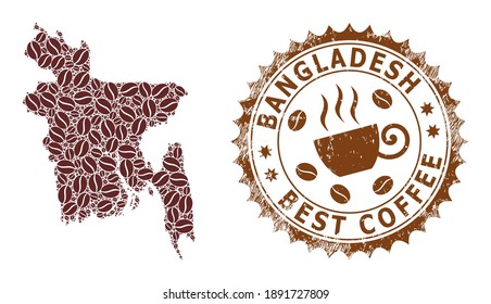 Coffee mosaic map of Bangladesh and unclean stamp. Vector map of Bangladesh collage is designed with coffee beans. Round rosette stamp in brown colors. Flat composition for best restaurant maps.