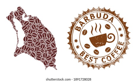 Coffee mosaic map of Barbuda Island and unclean stamp. Vector map of Barbuda Island collage is composed with coffee seeds. Round rosette stamp in brown colors.