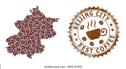 Coffee mosaic map of Beijing City and grunge stamp seal. Vector map of Beijing City collage is formed from coffee. Round rosette stamp in brown colors. Vector composition for best cafe labels.