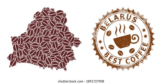 Mapa del mosaico del café de Bielorrusia y sello de grunge. Mapa vectorial del collage de Bielorrusia se crea a partir del café. Sello rosetón redondo de colores marrones. Composición de vectores para los mejores premios de entrega de café.