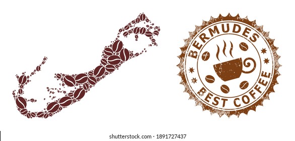 Coffee mosaic map of Bermuda Islands and scratched seal. Vector map of Bermuda Islands collage is created with coffee. Round rosette stamp in brown colors.
