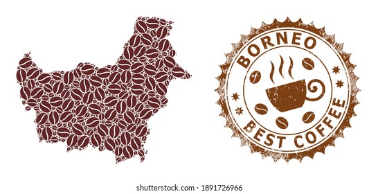 Coffee mosaic map of Borneo and corroded mark. Vector map of Borneo collage is designed of cocoa. Round rosette stamp in brown colors. Vector composition for best coffee delivery awards.