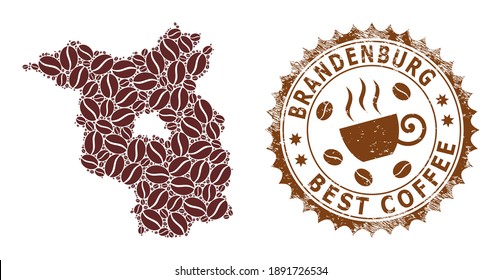 Coffee mosaic map of Brandenburg Land and rubber seal. Vector map of Brandenburg Land collage is composed from coffee. Round rosette stamp in brown colors. Vector composition for best cafe purposes.