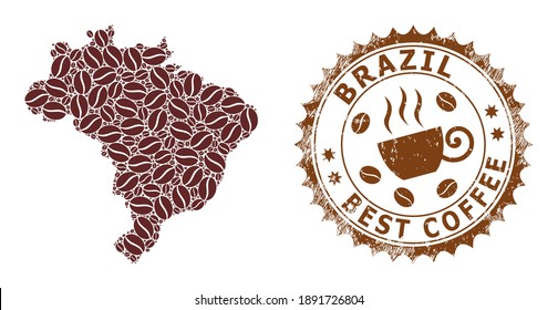 Coffee mosaic map of Brazil and corroded stamp seal. Vector map of Brazil collage is created from coffee grains. Round rosette stamp in brown colors.