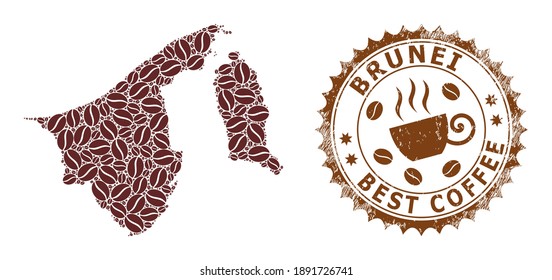 Mapa del mosaico del café de Brunéi y sello impuro. Mapa vectorial del collage de Brunéi compuesto de granos de café. Sello rosetón redondo de colores marrones. Composición de vectores para las mejores ilustraciones de cafés.