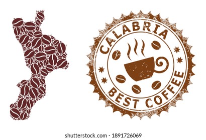 Coffee mosaic map of Calabria region and unclean stamp seal. Vector map of Calabria region collage is formed from chocolate grains. Round rosette stamp in brown colors.