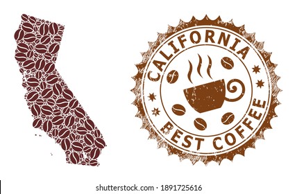 Coffee mosaic map of California State and scratched stamp seal. Vector map of California State collage is designed with coffee seeds. Round rosette stamp in brown colors.
