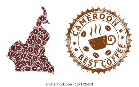 Coffee mosaic map of Cameroon and grunge stamp seal. Vector map of Cameroon collage is designed with coffee seeds. Round rosette stamp in brown colors.