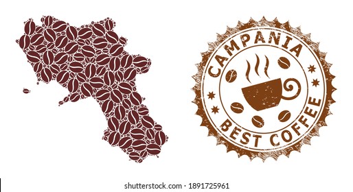 Coffee mosaic map of Campania region and distress stamp. Vector map of Campania region collage is composed from coffee seeds. Round rosette stamp in brown colors.