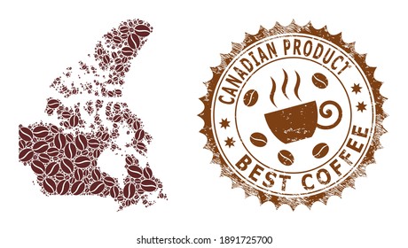 Mapa de mosaico de café de Canadá y sello de goma. El mapa vectorial del collage de Canadá se forma a partir de granos de café. Sello rosetón redondo de colores marrones.