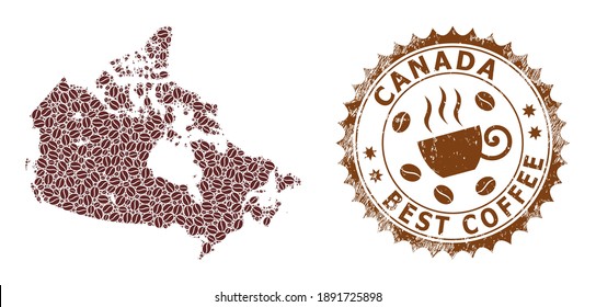 Coffee mosaic map of Canada and scratched badge. Vector map of Canada collage is created with coffee seeds. Round rosette stamp in brown colors. Vector composition for best coffee shops illustrations.