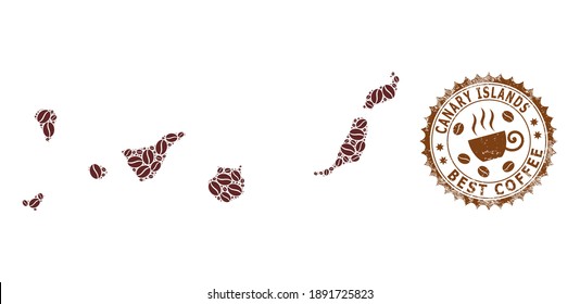 Coffee mosaic map of Canary Islands and grunge seal. Vector map of Canary Islands collage is designed of coffee grains. Round rosette stamp in brown colors. Vector composition for best cafe marks.