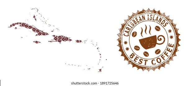Coffee mosaic map of Caribbean Islands and rubber stamp. Vector map of Caribbean Islands collage is composed from coffee beans. Round rosette stamp in brown colors.