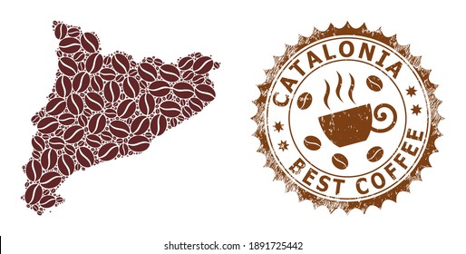 Coffee mosaic map of Catalonia and rubber stamp seal. Vector map of Catalonia collage is formed from coffee seeds. Round rosette stamp in brown colors. Flat composition for best coffee shops badges.