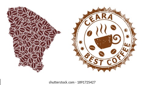 Coffee mosaic map of Ceara state and distress seal. Vector map of Ceara state collage is created with coffee seeds. Round rosette stamp in brown colors.