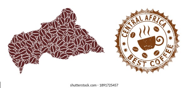 Coffee mosaic map of Central African Republic and corroded stamp seal. Vector map of Central African Republic collage is created of chocolate beans. Round rosette stamp in brown colors.