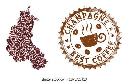 Coffee mosaic map of Champagne Province and corroded stamp seal. Vector map of Champagne Province collage is composed of coffee seeds. Round rosette stamp in brown colors.
