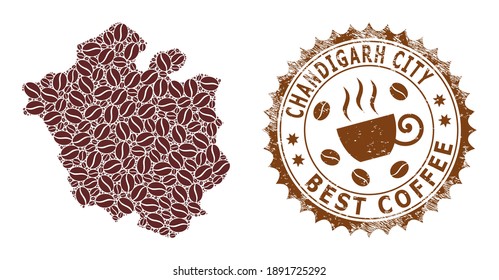 Coffee mosaic map of Chandigarh City and unclean stamp. Vector map of Chandigarh City collage is composed from coffee seeds. Round rosette stamp in brown colors.