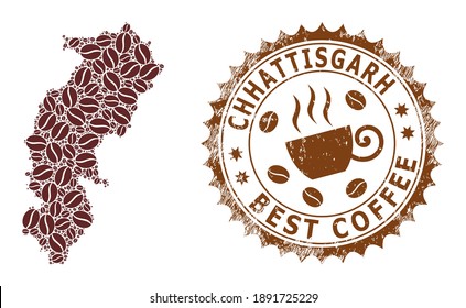 Coffee mosaic map of Chhattisgarh State and distress stamp. Vector map of Chhattisgarh State collage is composed of coffee seeds. Round rosette stamp in brown colors.