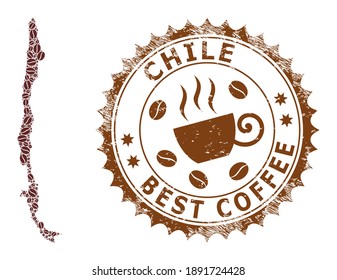 Mapa de mosaicos de café de Chile y sello de grunge. Mapa vectorial del collage de Chile se compone de semillas de chocolate. Sello rosetón redondo de colores marrones. Composición vectorial para las mejores placas de entrega de café.