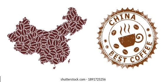 Coffee mosaic map of China and scratched stamp seal. Vector map of China collage is formed with coffee grains. Round rosette stamp in brown colors. Vector composition for best coffee shops purposes.