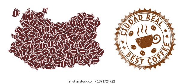 Coffee mosaic map of Ciudad Real Province and unclean stamp. Vector map of Ciudad Real Province collage is designed with coffee beans. Round rosette stamp in brown colors.