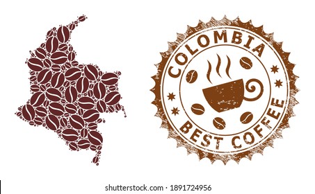 Coffee mosaic map of Colombia and corroded stamp seal. Vector map of Colombia collage is formed with coffee. Round rosette stamp in brown colors. Vector composition for best cafeteria illustrations.
