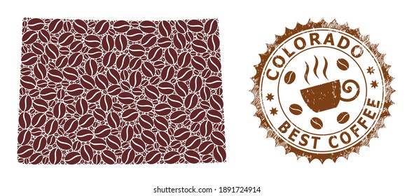 Coffee mosaic map of Colorado State and grunge stamp seal. Vector map of Colorado State collage is designed of chocolate. Round rosette stamp in brown colors.