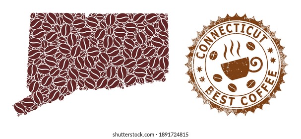 Coffee mosaic map of Connecticut State and grunge stamp. Vector map of Connecticut State collage is designed of coffee beans. Round rosette stamp in brown colors.