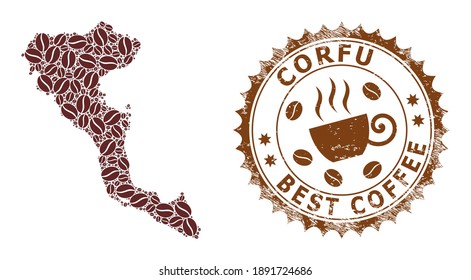 Coffee mosaic map of Corfu Island and grunge stamp seal. Vector map of Corfu Island collage is created with chocolate. Round rosette stamp in brown colors.