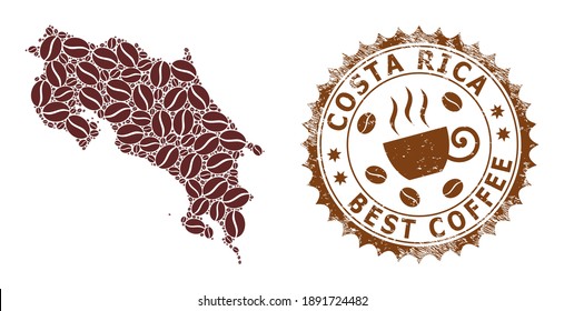 Coffee mosaic map of Costa Rica and distress stamp. Vector map of Costa Rica collage is formed with coffee seeds. Round rosette stamp in brown colors.