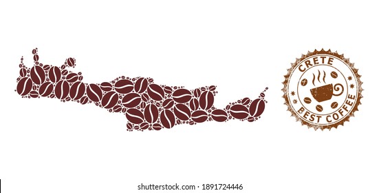 Coffee mosaic map of Crete and scratched stamp seal. Vector map of Crete collage is created with chocolate seeds. Round rosette stamp in brown colors.